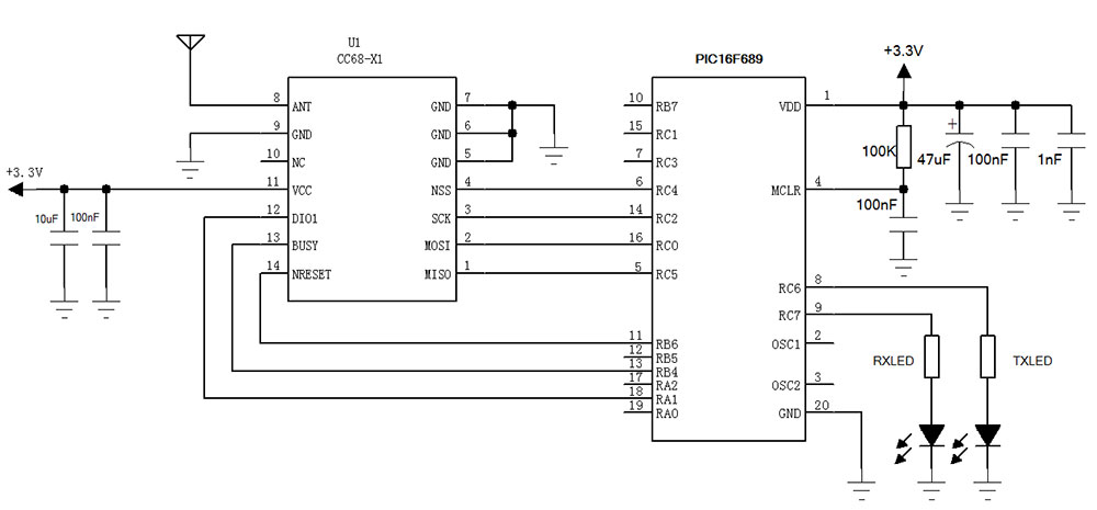 LLCC68 LoRa无线收发模块LoRa-CC68-X1的典型应用电路